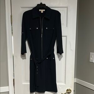 Blue Zip-Up Dress with Belt